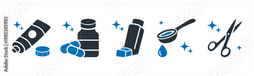 A set of 5 mix icons as ointment tube, antibiotics, inhaler