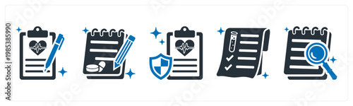 A set of 5 mix icons as medical report, prescription, health insurance