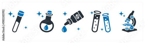 A set of 5 mix icons as blood sample, chemical bottle, eye drops