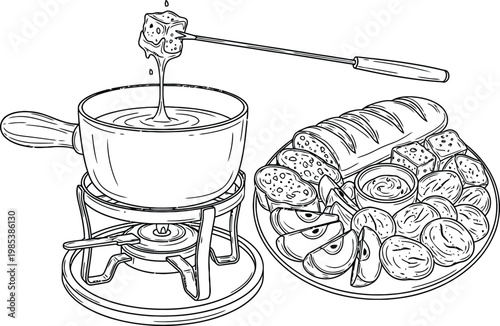 Fondue set with melted cheese and dipping items on a decorative plate