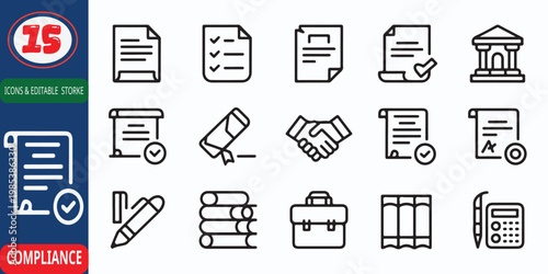 Corporate Compliance Outline Icon Set with Editable Stroke, Legal Documentation and Business Checklist Vector Collection