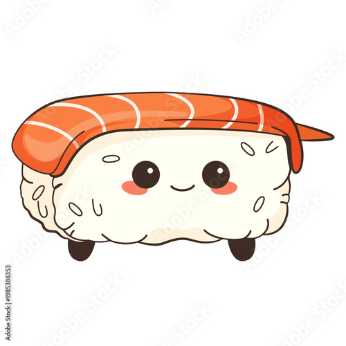 Kawaii sushi character in simple cartoon style on white background, expressing fun food concept. Vector illustration
