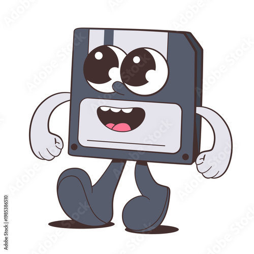 Cartoon floppy disk character walking in simple cute style on white background, retro technology concept. Vector illustration