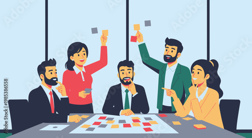Diverse team brainstorming ideas around a table with sticky notes