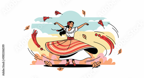 Mexican Folk Dancer Woman Twirling Skirt in Colorful Celebration
