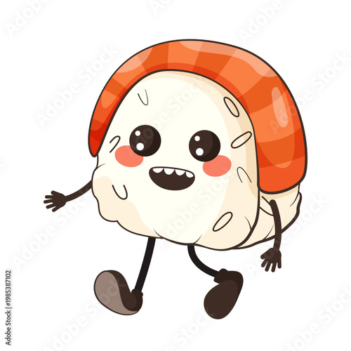 Cute sushi character in cartoon style on a clean white background expressing a playful food concept. Vector illustration