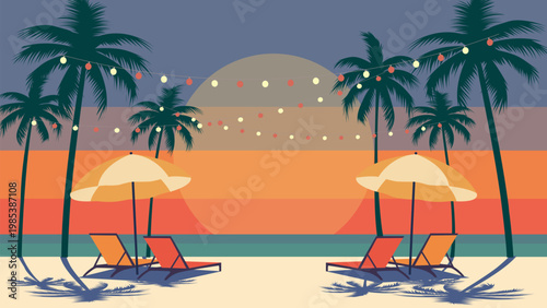 Sunset on the beach. Sun loungers in the shade of palm trees stand on the seashore, illuminated by decorative holiday lights. Concept of rest and relaxation. Vector illustration of sandy beach.