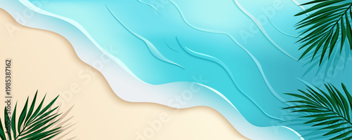 Beautiful exotic beach. Surf line with white sand and palm trees. Ocean lagoon top view. Vector illustration of a sea wave with foam rolling on coast for vacation banner.