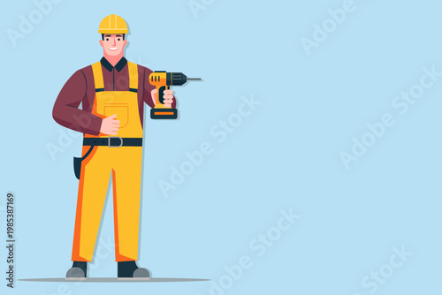 Construction worker holding a drill. A friendly handyman in yellow overalls and a hard hat on a blue background with copyspace for text. Vector illustration of a worker with construction tools.