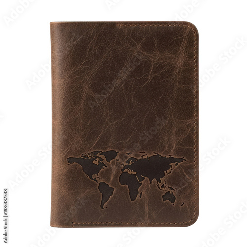 Brown leather passport holder with world map