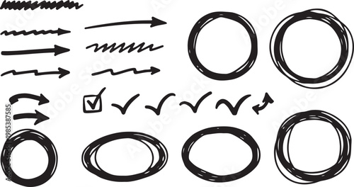 A versatile collection of black sketchy graphic elements featuring various pointing arrows, scribbled circular and oval frames, and multiple check mark indicators isolated on a white background.
