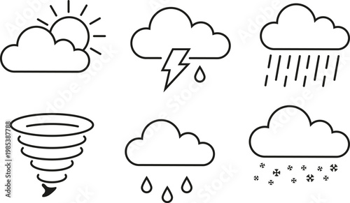 Weather Icons Set Vector Black Line Sun Cloud Rain Thunder Snow Tornado