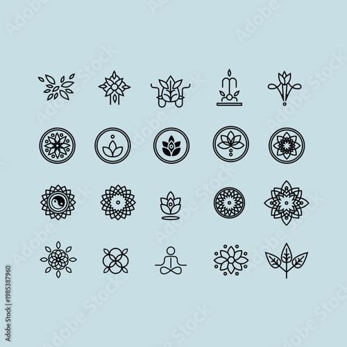 Mandalas, yoga icons, black line art, 20 elements, vector graphics, spiritual symbols, meditation illustrations