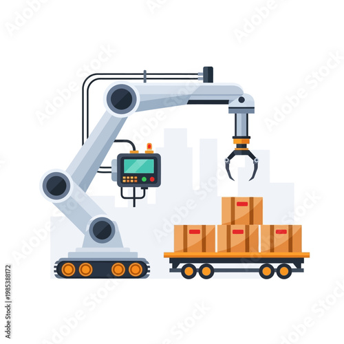 Automated robotic arm loading boxes onto a conveyor cart in a factory setting.