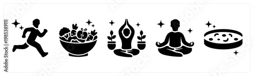 A set of 5 mix icons as running, healthy diet, yoga