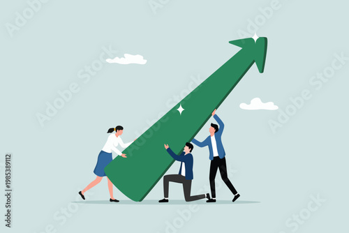 Foto Teamwork efforts to help business growth, or support business growth, cooperation to improve and develop performance concepts, business team members help drive the arrow graph that continues to rise