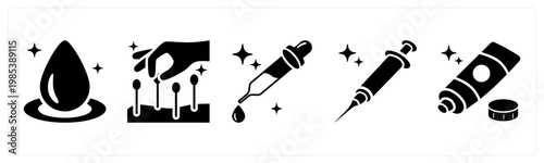 A set of 5 mix icons as blood drop, acupunture, medicine dropper