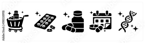 A set of 5 mix icons as medical cart, blister pack, antibiotics