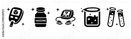 A set of 5 mix icons as diabetes test, vaccine, defibrillator