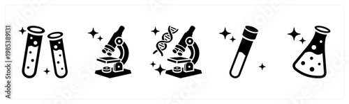A set of 5 mix icons as test tube, microscope, gene testing