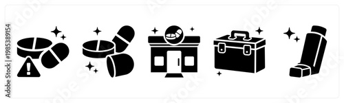 A set of 5 mix icons as expired medicine, pill tablet, pharmacy store