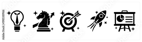 A set of 5 mix icons as business idea, business strategy, target goal