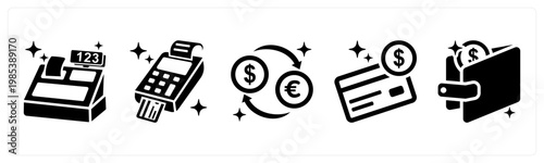 A set of 5 mix icons as cash register, pos machine, currency exchange