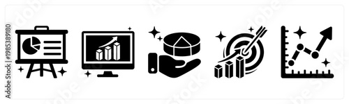 A set of 5 mix icons as presentation board, dashboard, market share