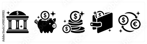 A set of 5 mix icons as bank, piggy bank, coins