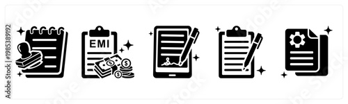 A set of 5 mix icons as loan approval, emi payment, agreement