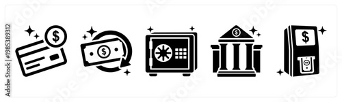 A set of 5 mix icons as credit card, refund, safe, bank