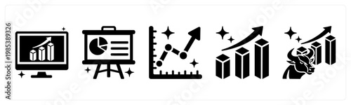 A set of 5 mix icons as dashboard, presentation board, line chart