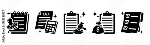 A set of 5 mix icons as loan approval, tax, compliance