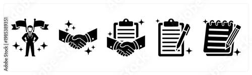 A set of 5 mix icons as leadership, handshake, contact agreement