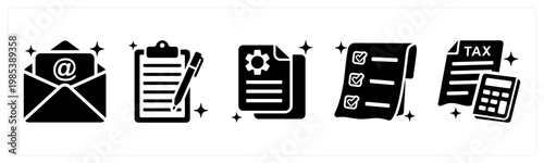 A set of 5 mix icons as email, clipboard, document