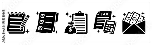 A set of 5 mix icons as notepad, receipt, loan