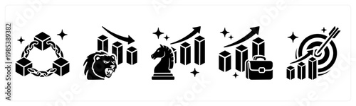 A set of 5 mix icons as blockchain, bear market, competitive advantage