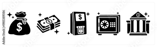 A set of 5 mix icons as money bag, cash, atm