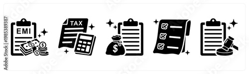 A set of 5 mix icons as emi payment, tax, loan