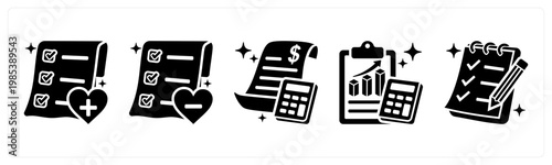 A set of 5 mix icons as add to wishlist, remove from wishlist, bill