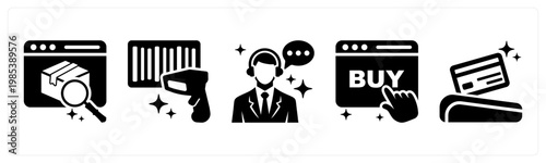 A set of 5 mix icons as search product, barcode scan, chat support
