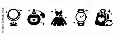 A set of 5 mix icons as mirror, perfume, dress