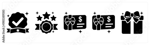 A set of 5 mix icons as verified badge, top rated, gift card