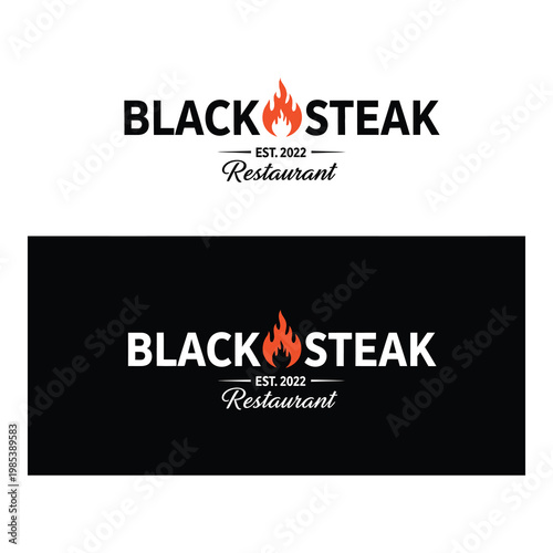 Black Steak restaurant logo design with flame and text on white and black backgrounds icon