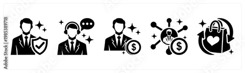 A set of 5 mix icons as verified buyer, chat support, affiliate