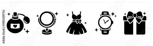 A set of 5 mix icons as perfume, mirror, dress