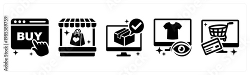 A set of 5 mix icons as purchase, vendor store, order confirmation