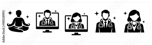 A set of 5 mix icons as medidation, online consultation, male doctor