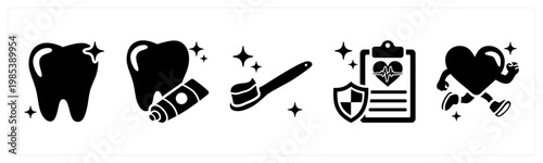 A set of 5 mix icons as dental care, tooth paste, tooth brush