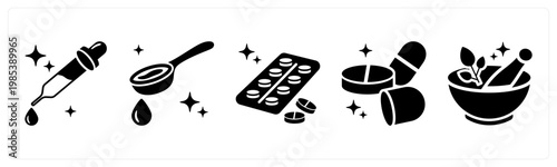 A set of 5 mix icons as medicine dropper, cough syrup, blister pack